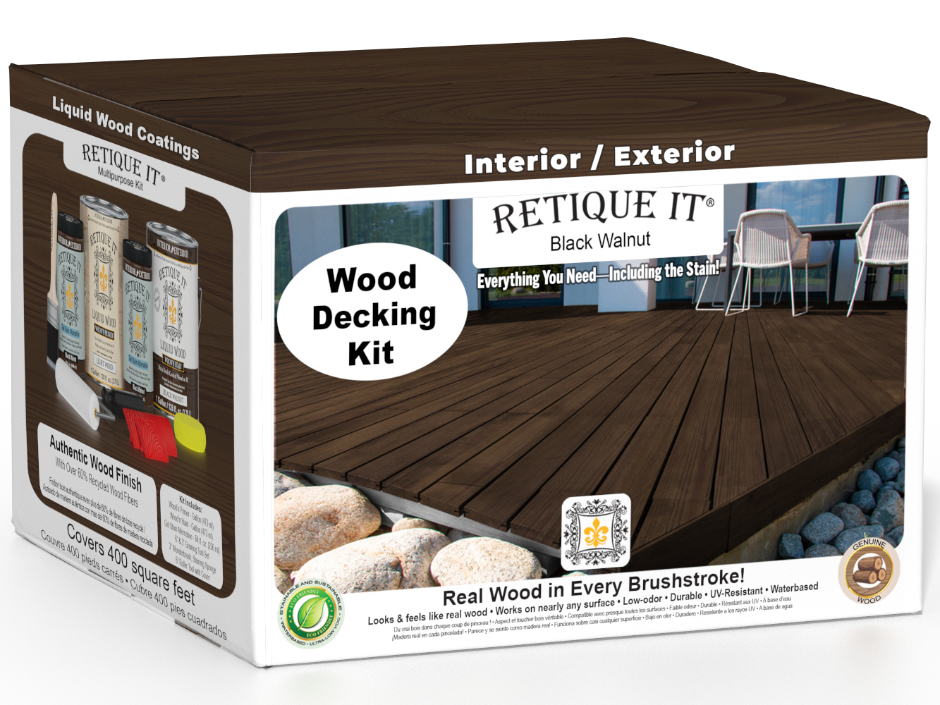 Retique It Black Walnut decking wood stain kit with natural wood finish, showcasing the stain applied to decking wood.