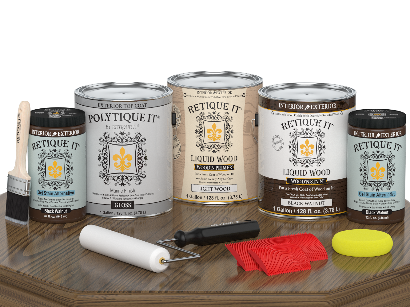Black Walnut exterior wood finish kit with four large containers of Retique It® Wood'n Top Coat for wood protection and enhancement.
