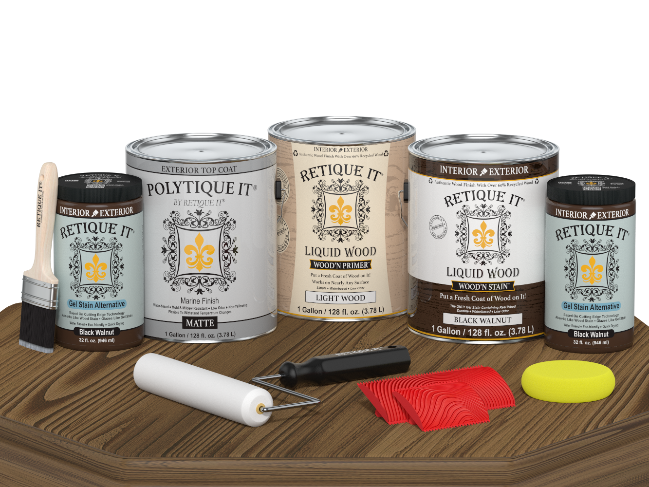 Retique It® Wood'n Finish Kit in black walnut with matte top coat, featuring four large wood finishing products for exterior use.