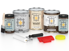Black Walnut Wood'n Finish Kit by Retique It® including four large exterior top coat bottles for wood finishing projects.