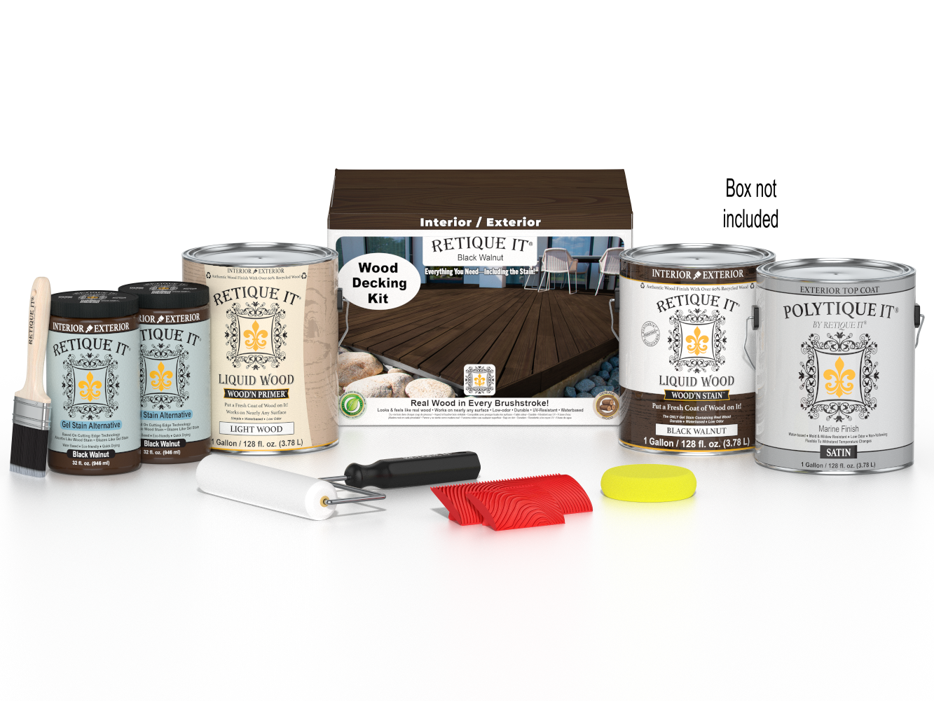 Black Walnut decking wood stain kit by Retique It, featuring stain bottles and application tools for wood decking projects.