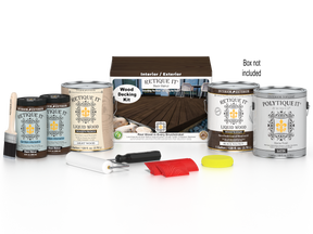 Black Walnut decking wood stain kit by Retique It, featuring stain bottles and application tools for wood decking projects.