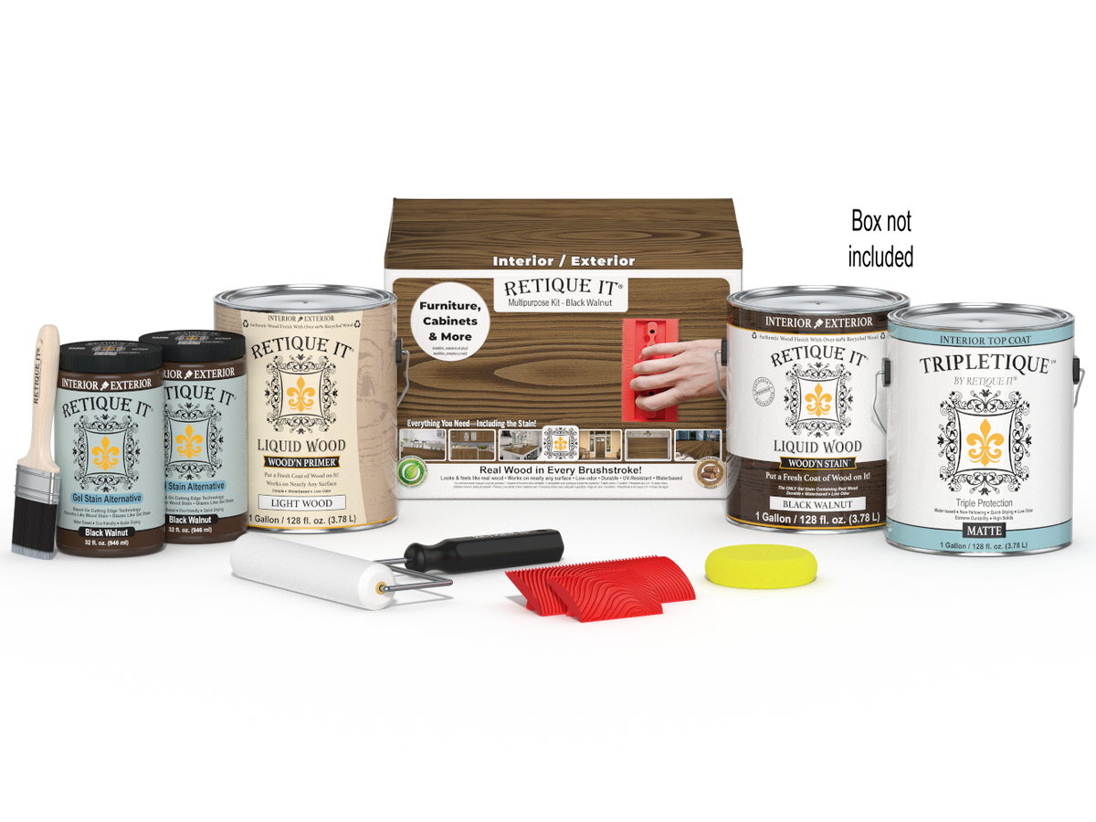 Retique It® Wood'n Kit in black walnut finish, includes four large interior top coat bottles, displayed with packaging and brushes.