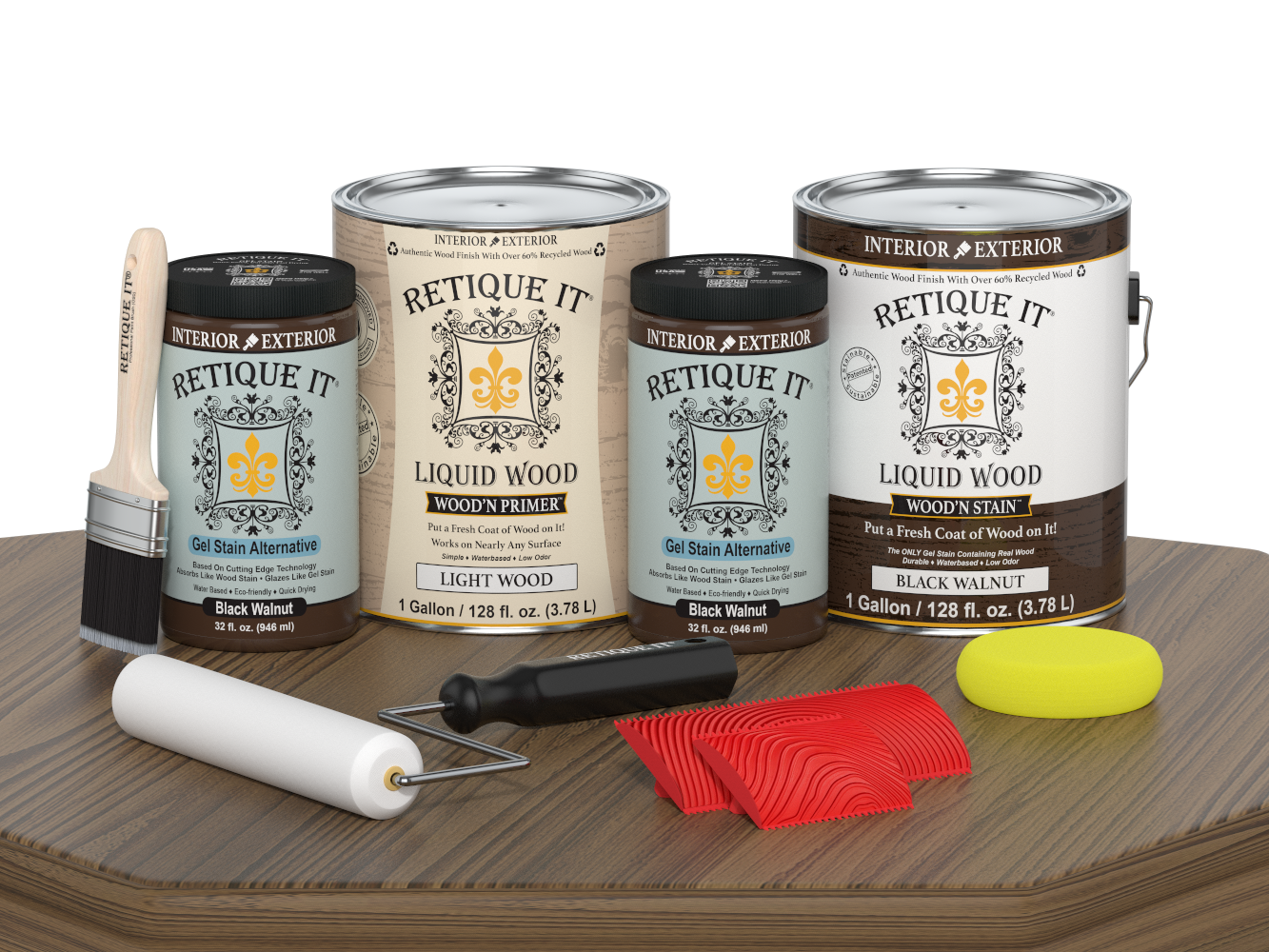 Black Walnut Wood'n Finish Kit by Retique It® with four large bottles for multi-purpose wood finishing projects.