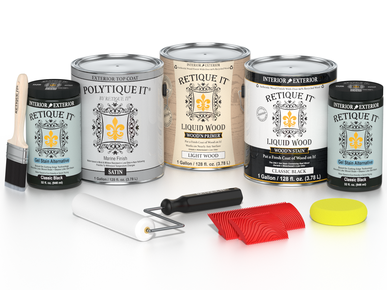Retique It® Wood'n Finish Kit in Classic Black, exterior top coat for wood, featuring satin finish, large multi-purpose kit with four containers.
