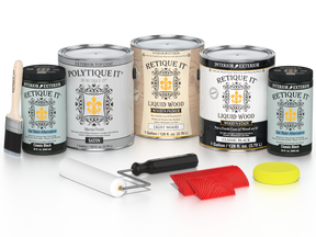 Retique It® Wood'n Finish Kit in Classic Black, exterior top coat for wood, featuring satin finish, large multi-purpose kit with four containers.