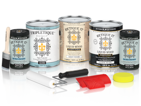 Retique It® Wood'n Finish Kit in classic black with interior top coat, featuring four large wood finish bottles and gloss finish.