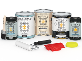 Retique It® Wood'n Finish Kit in Classic Black, interior top coat set with four large bottles, matte finish for wood projects.