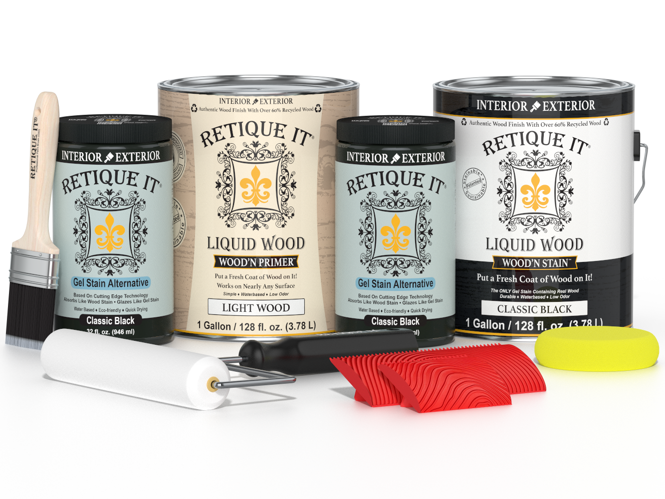 Retique It® Wood'n Kit in classic black for wood finishing, featuring four large bottles of multi-purpose wood finish.