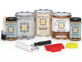 Retique It® Wood'n Kit with four cedar exterior top coat finish bottles for multi-purpose wood projects, matte appearance.
