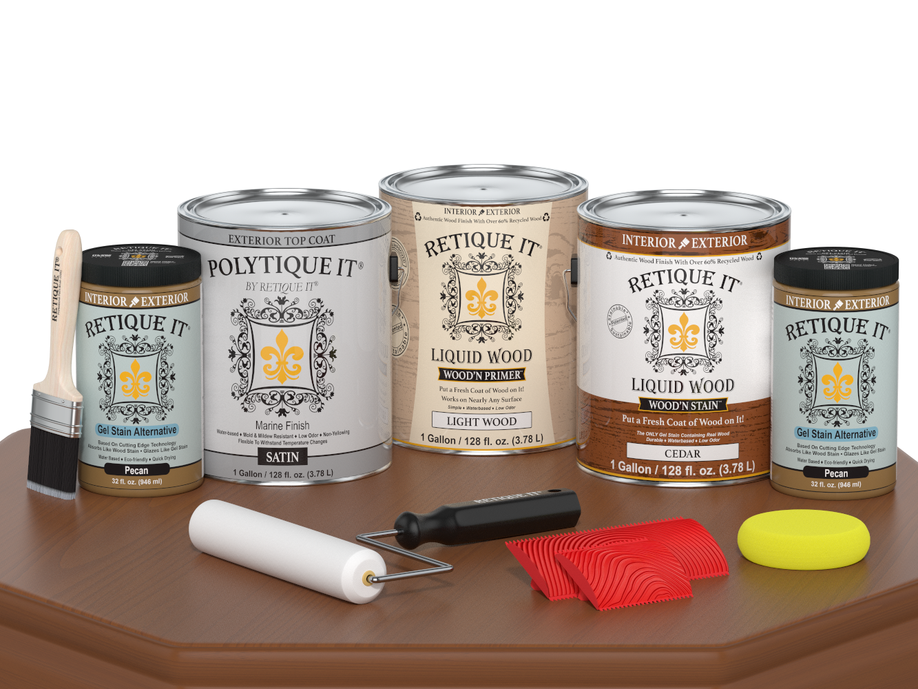Cedar-colored Retique It Wood'n Finish Kit with four large containers for exterior top coat application on wood surfaces.