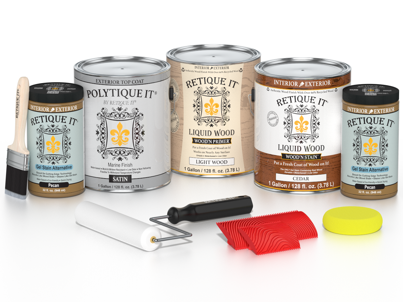 Cedar-colored Retique It Wood'n Kit with four large containers of exterior top coat for multi-purpose wood finishing.