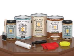 Retique ItÂ® Wood'n Finish Kit in cedar, large size, with interior top coat, showing a gloss finish on wood surface.