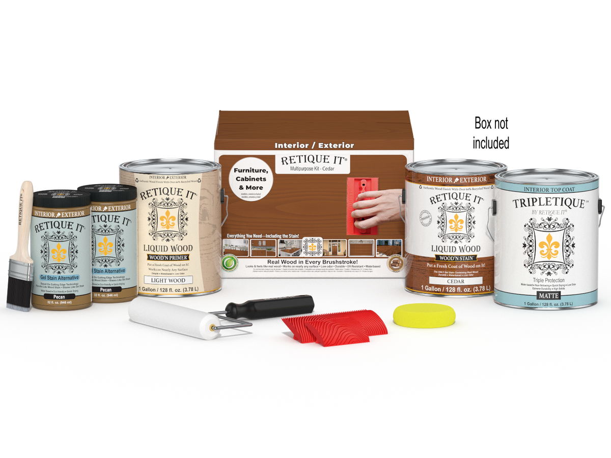 Retique ItÂ® Wood'n Finish Kit Cedar, multi-purpose interior top coat with four large wood treatment bottles and applicator box.