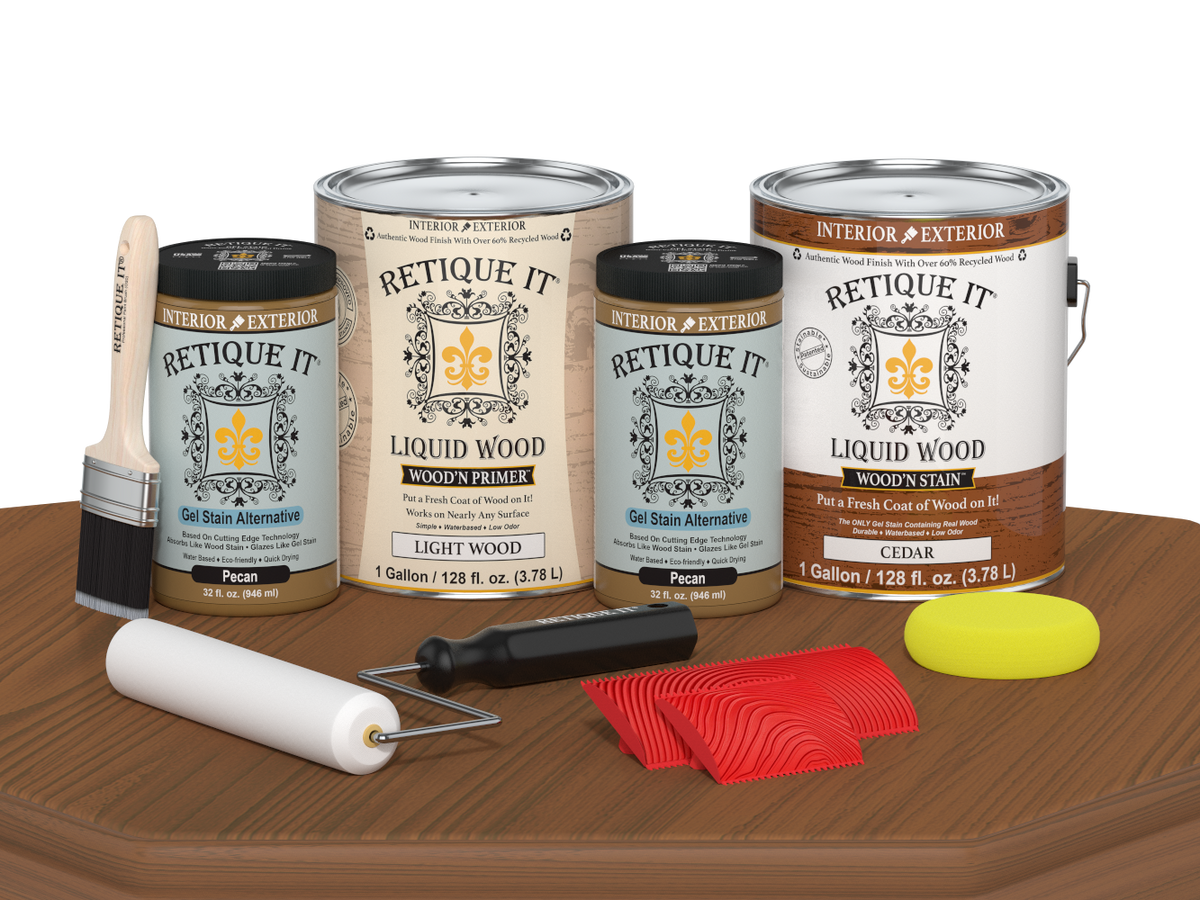 Retique It® Wood'n Cabinet Kit with 48 cedar-grained stained cabinet doors on a table, showcasing natural wood finish and grain details.