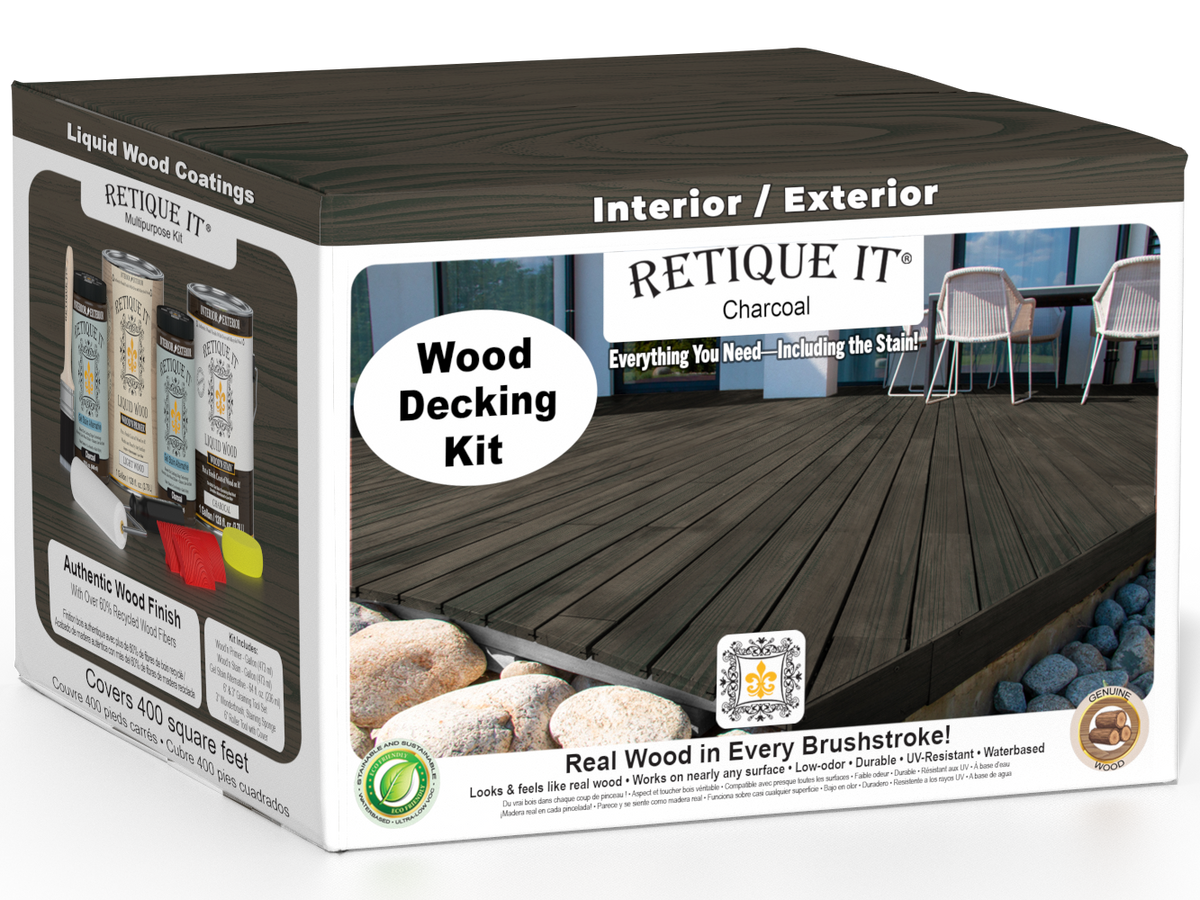 Retique It Decking Wood'n Kit in Charcoal stain showing a deck with dark charcoal-colored wood finish.