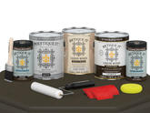 Retique It® Wood'n Finish Kit in Charcoal with matte top coat, containing four large containers for exterior wood finishing.
