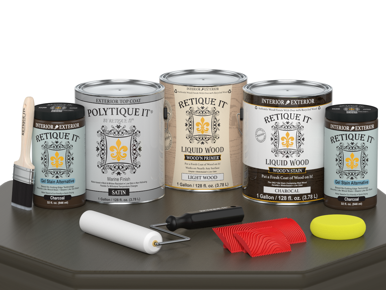 Retique It® Wood'n Finish Kit in Charcoal, large size with satin top coat, suitable for exterior wood projects, showing application on wood surface.