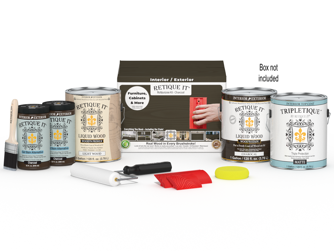 Retique It® Wood'n Kit in Charcoal, interior top coat, includes four large wood finish containers with application tools.
