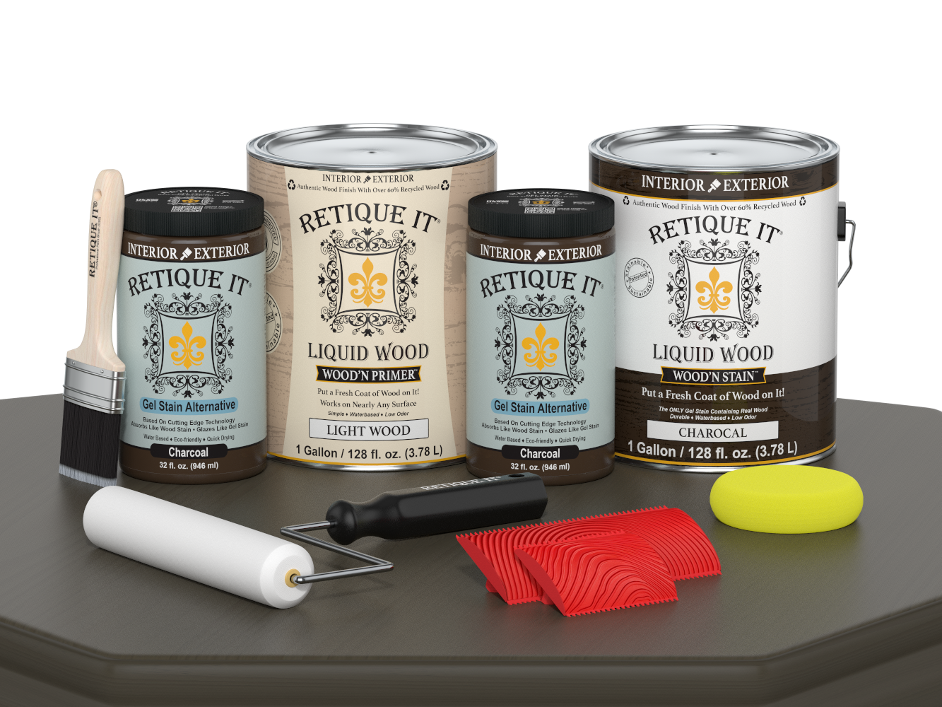 Retique It® Wood'n Kit in Charcoal featuring four large wood finish bottles, designed for multi-purpose wood finishing projects.