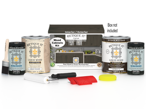 Retique It® Wood'n Cabinet Kit in Charcoal with 48 grained doors, stain kit for cabinet finishing, shown with box and tools.