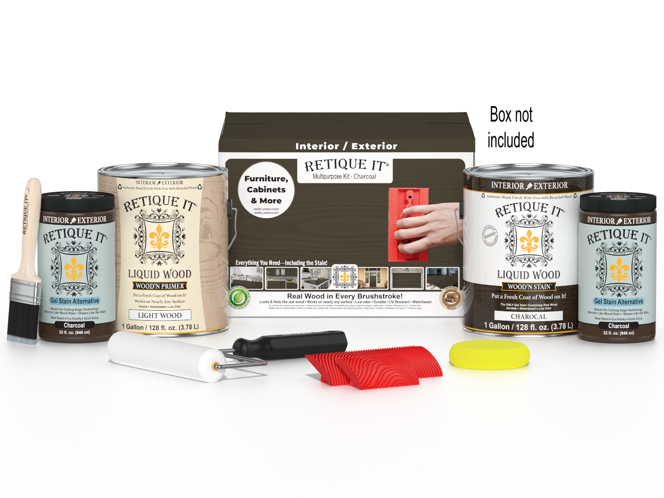 Retique It® Wood'n Kit in Charcoal with four large Wood'n Finish Kits, includes brushes and applicators for wood finishing.