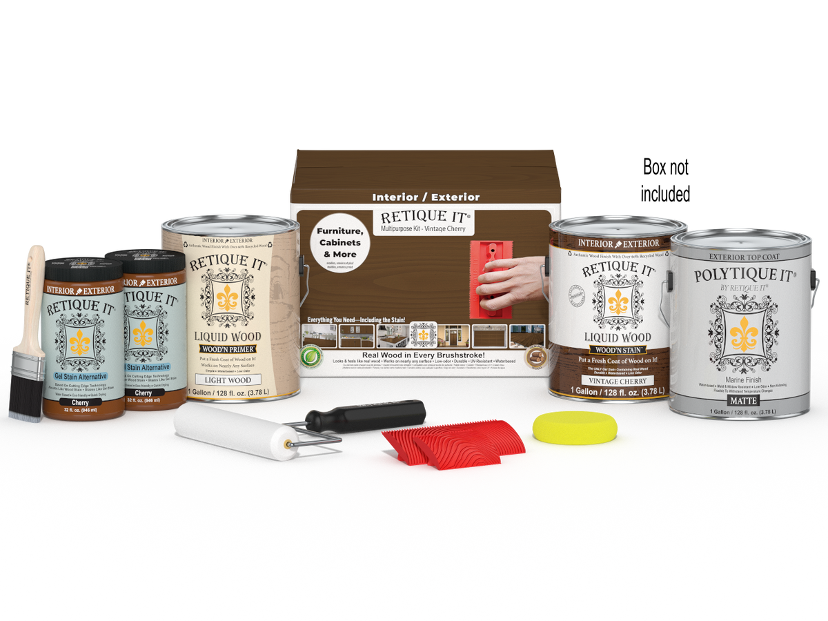 Retique It® Wood'n Finish Kit in Vintage Cherry with four large exterior top coat bottles and packaging for wood finishing.