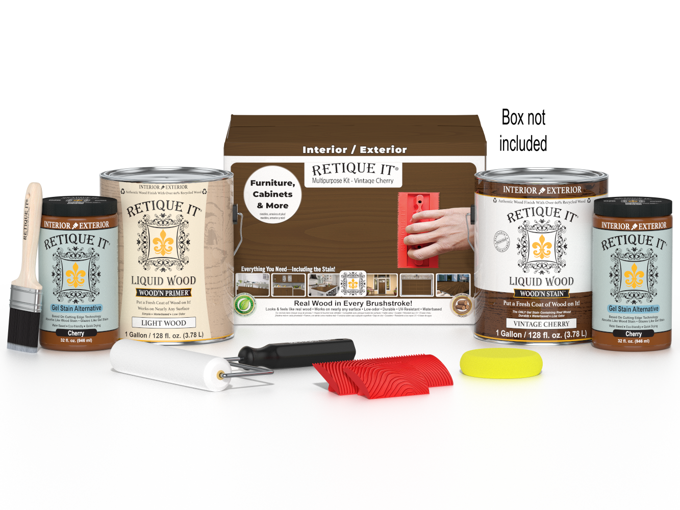 Retique It® Wood'n Finish Kit Multi-purpose Wood'n Kit Vintage Cherry with four large containers, ideal for wood finishing projects.