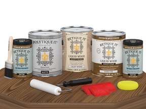 Retique It® Wood'n Finish Kit in Dark Oak with matte top coat, includes four large exterior wood finish products, displayed on a table.