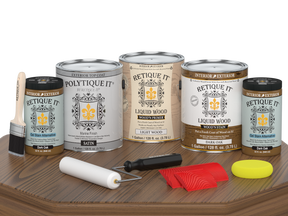 Retique It® Wood'n Kit in Dark Oak with satin finish, includes four large containers for exterior wood top coat application.