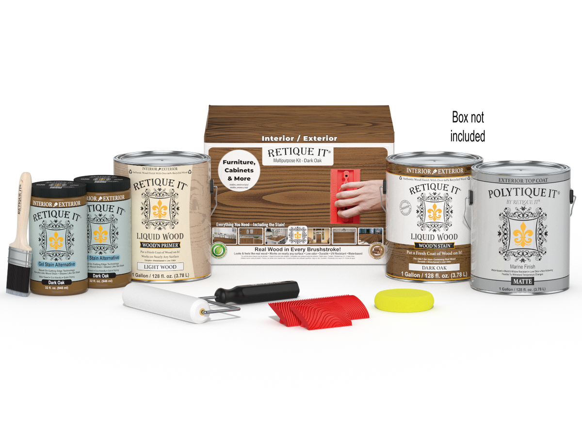 Retique It® Wood'n Kit in Dark Oak for exterior wood finishing, includes four large containers with applicator tools and finish palette.