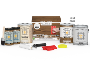 Retique It® Wood'n Kit in Dark Oak for exterior wood finishing, includes four large containers with applicator tools and finish palette.