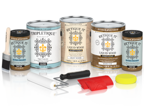 Dark oak wood finish kit from Retique It® with four large bottles of interior top coat for wood projects.