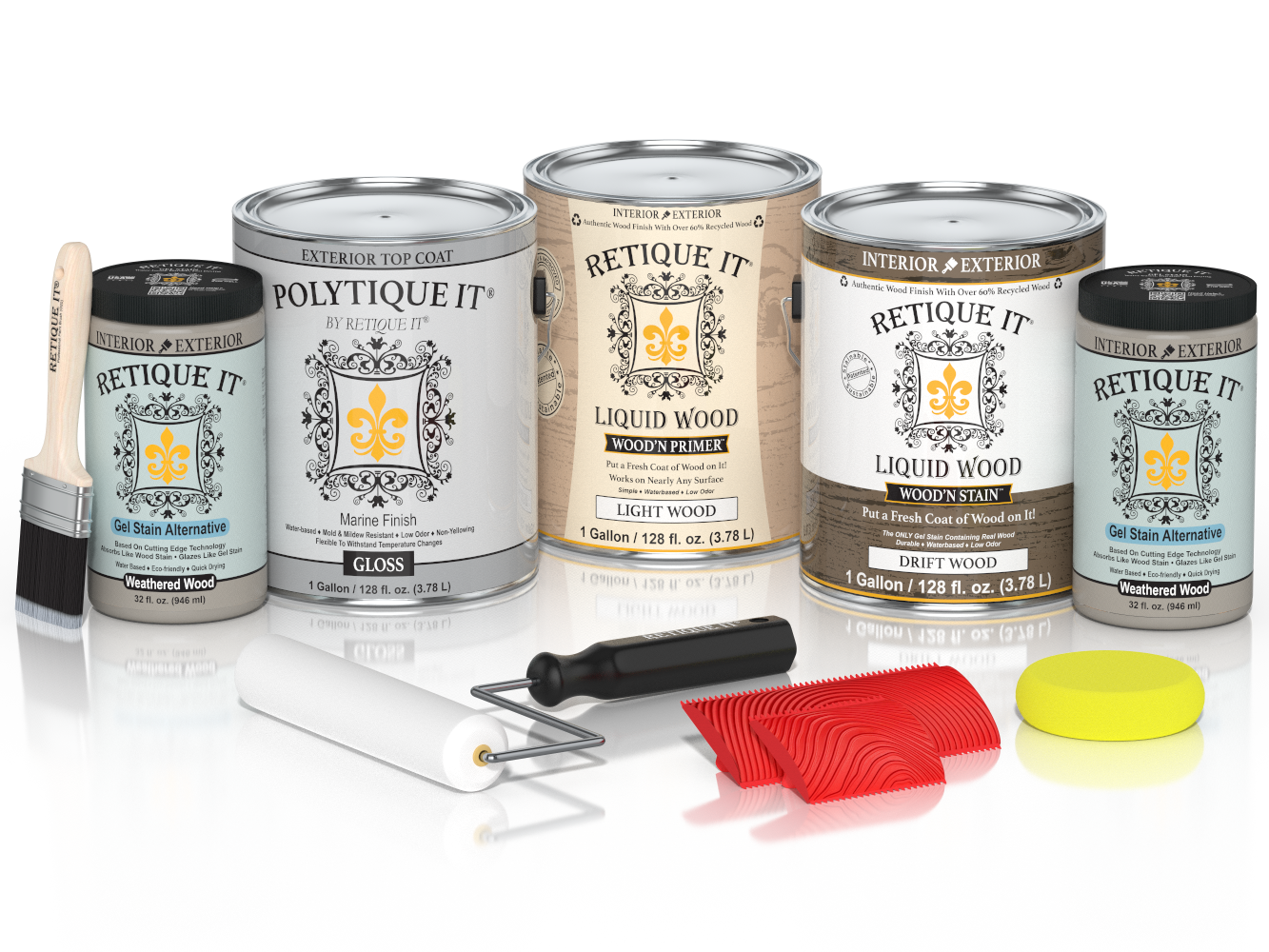Retique It® Wood'n Finish Kit with four large driftwood-colored exterior top coats, glossy exterior wood finish kit.
