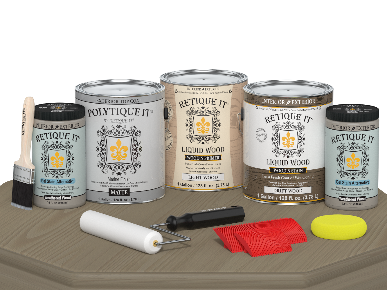 Retique It® Wood'n Finish Kit with four large driftwood-colored exterior top coat bottles on a table.
