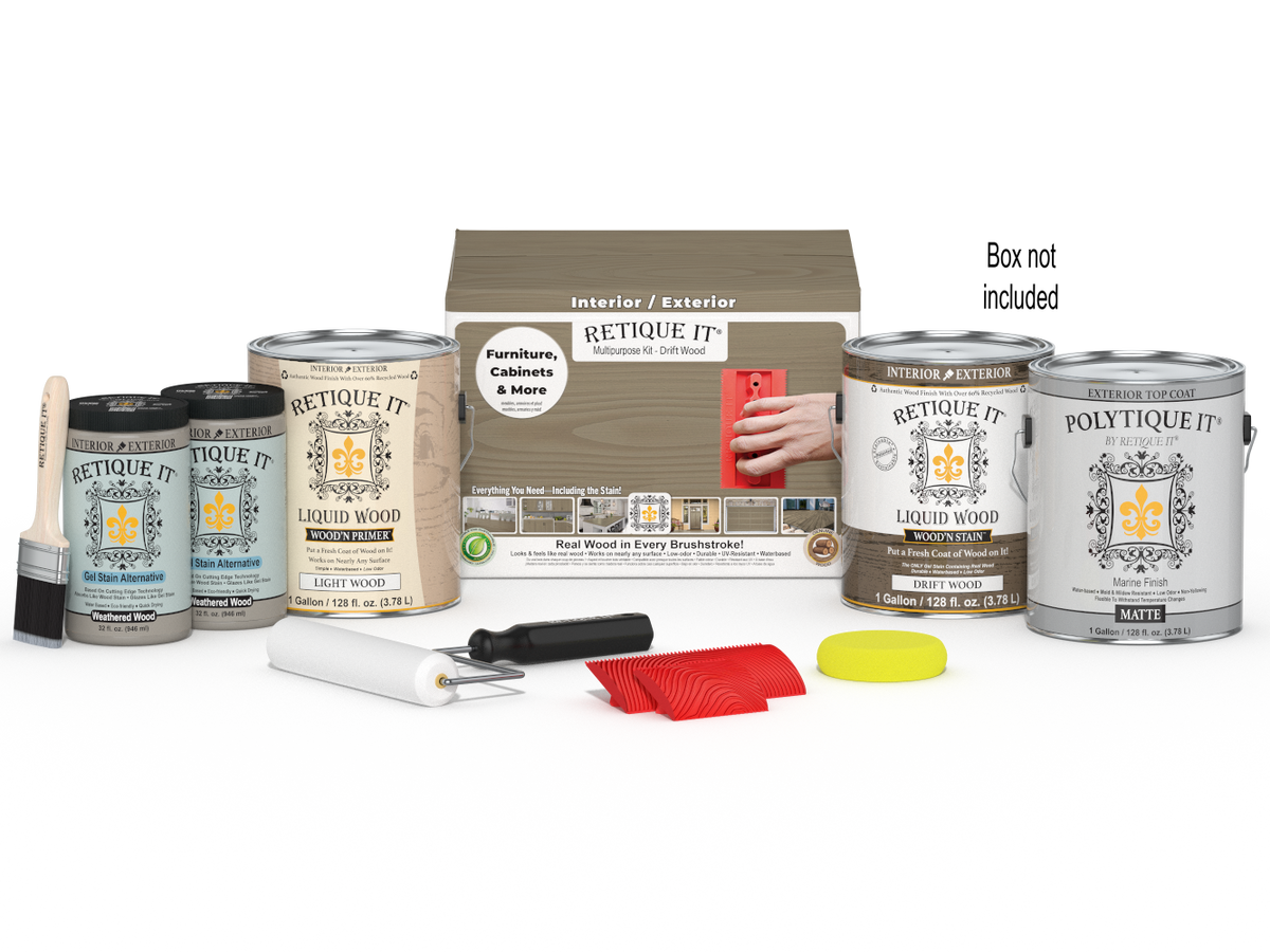Retique It® Wood'n Finish Kit with four large driftwood exterior top coats in a box, ideal for multi-purpose wood finishing projects.