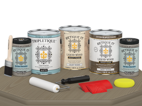 Retique It® Wood'n Kit Drift Wood interior top coat set with four large matte finish bottles on a table.