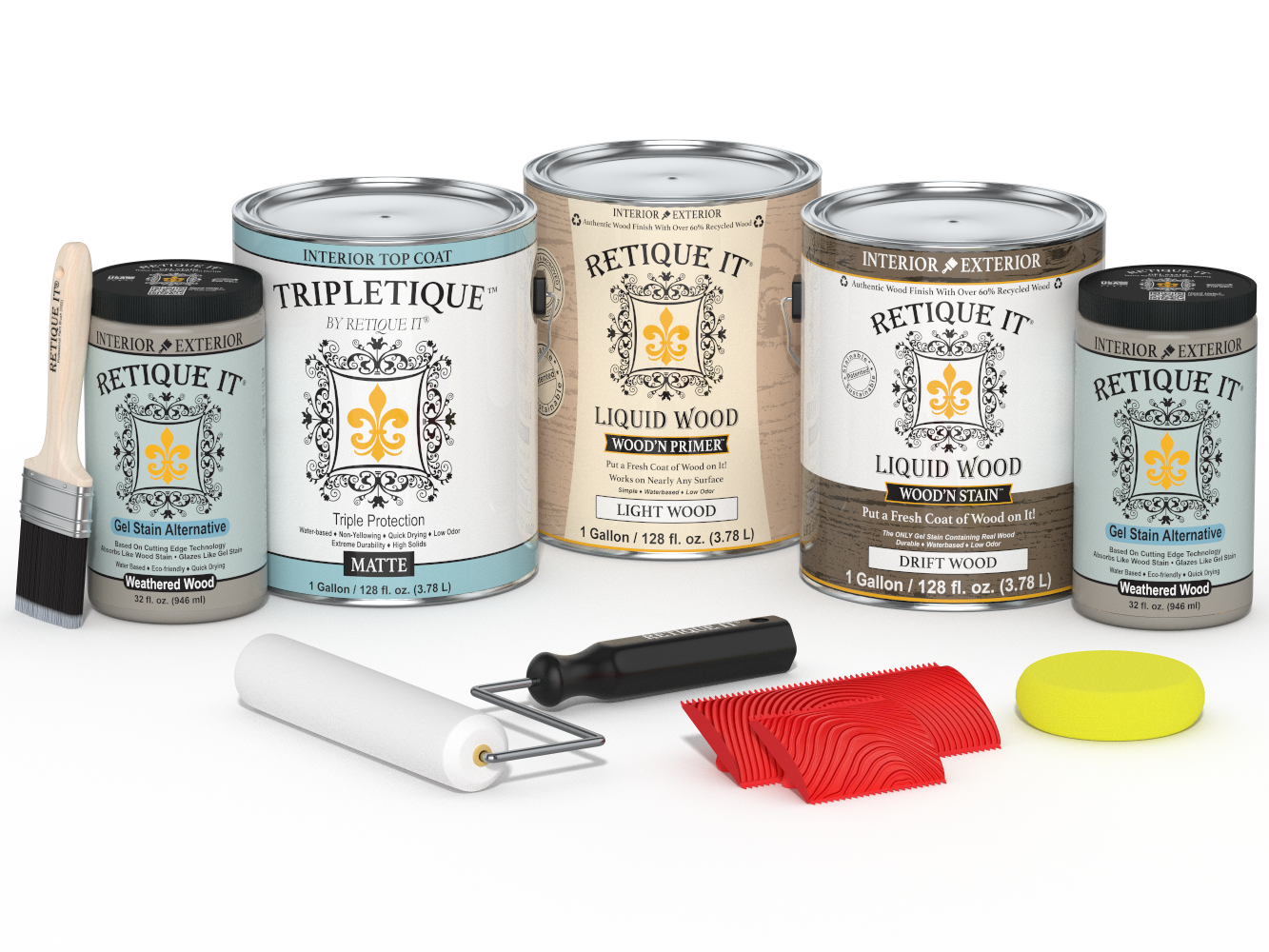 Retique It® Wood'n Kit with four large driftwood finish bottles, featuring matte interior top coat for wood furniture and decor.