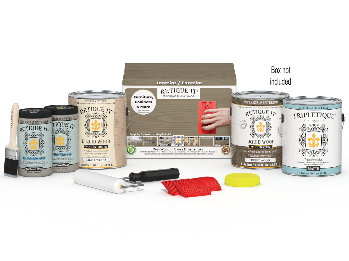 Retique It® Wood'n Kit with four large driftwood finish containers, interior top coat for wood furniture and decor.