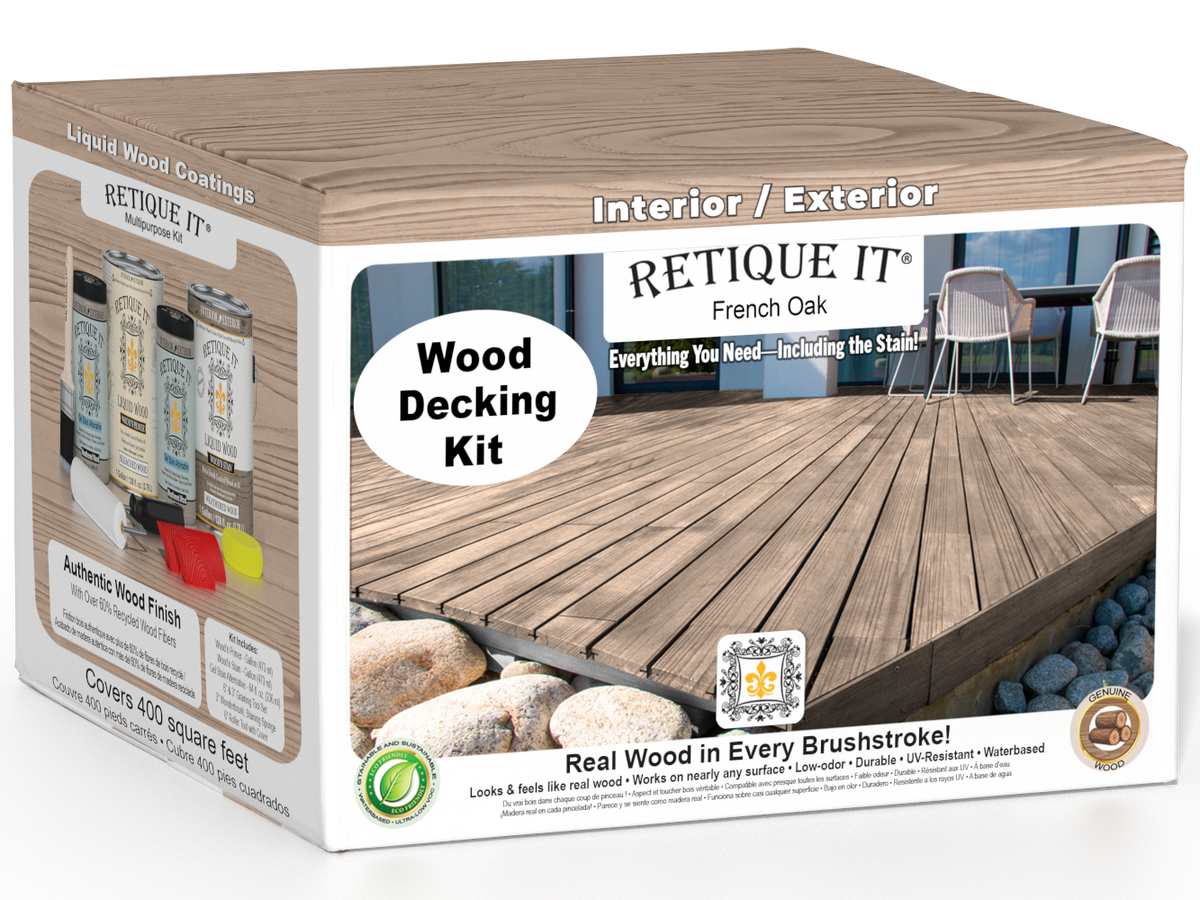 Retique It French Oak Decking Wood'n Kit with stain and supplies, designed for enhancing outdoor wooden decks.