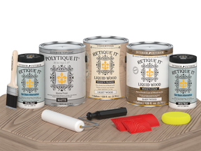 Retique It® Wood'n Kit French Oak exterior top coat set with four large wood finish kits on a table in matte finish.