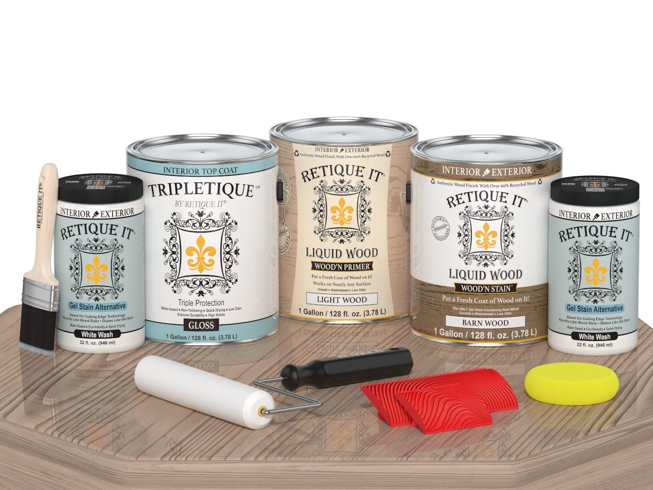 Glossy French Oak Wood'n Finish Kit by Retique It® with four large Multi-purpose Wood'n Kit containers on a table.