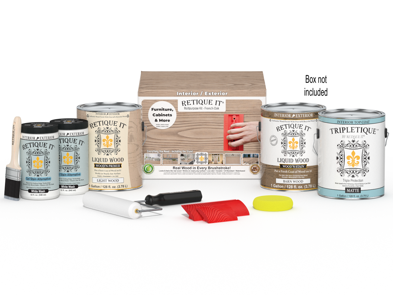Four large French Oak Wood'n Finish Kits by Retique It® for interior top coating, displayed with packaging and application tools.