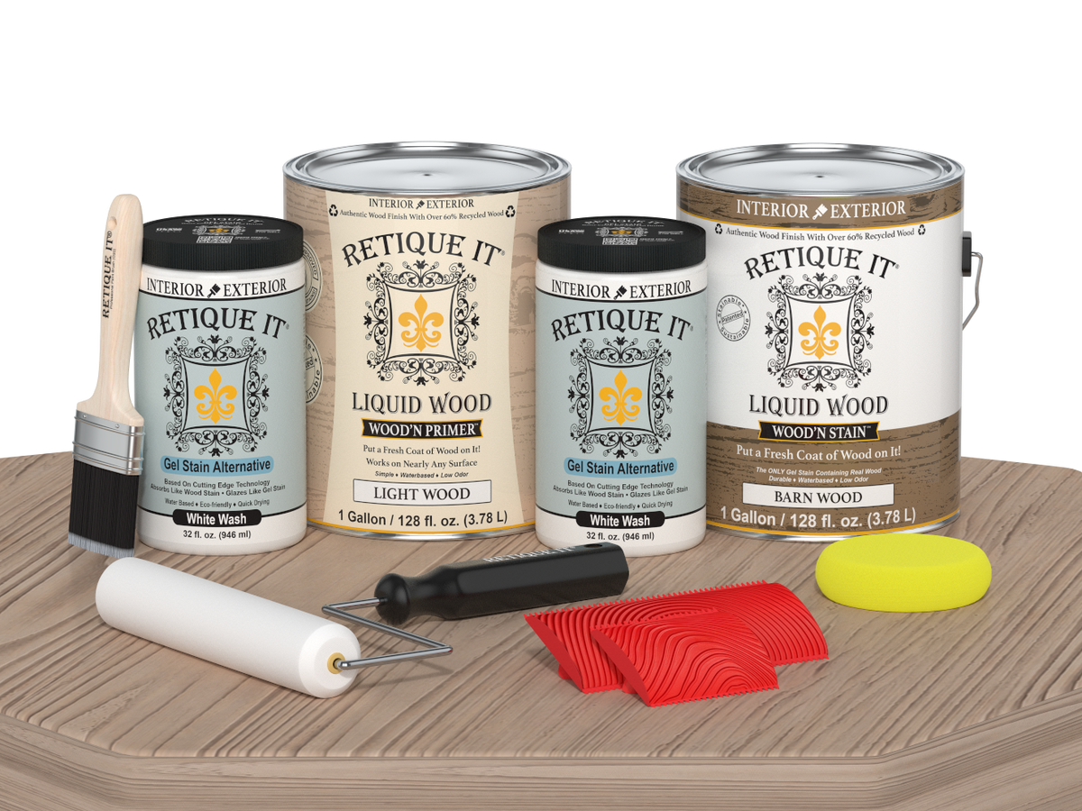 Retique It® Wood'n Finish Kit in French Oak, 4 large multi-purpose wood finishing kits displayed on a table.