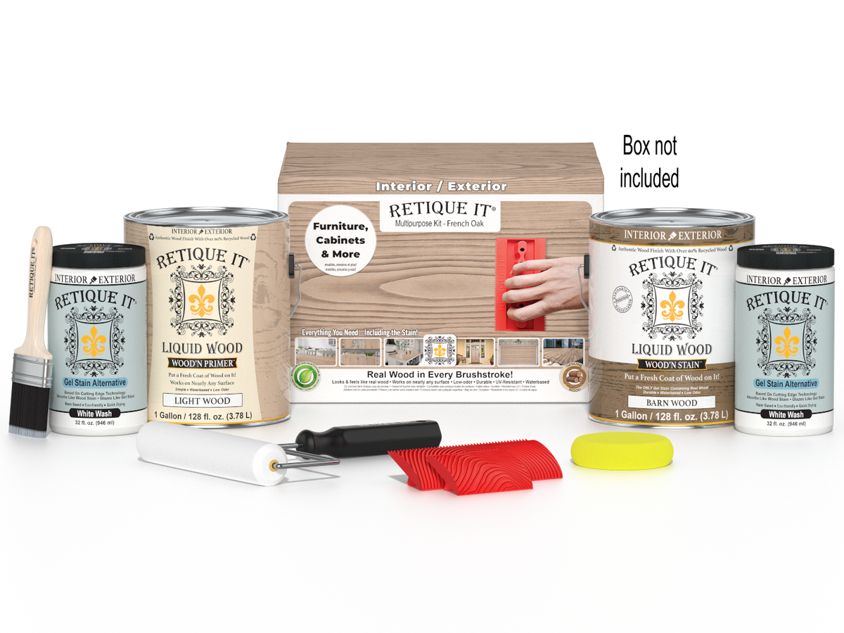 Retique It® Wood'n Finish Kit in French Oak with four large bottles for multi-purpose wood finishing projects.
