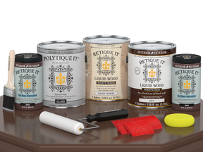 Retique It® Wood'n Finish Kit Java, exterior top coat in a large package, shown in a glossy finish on a wooden surface.