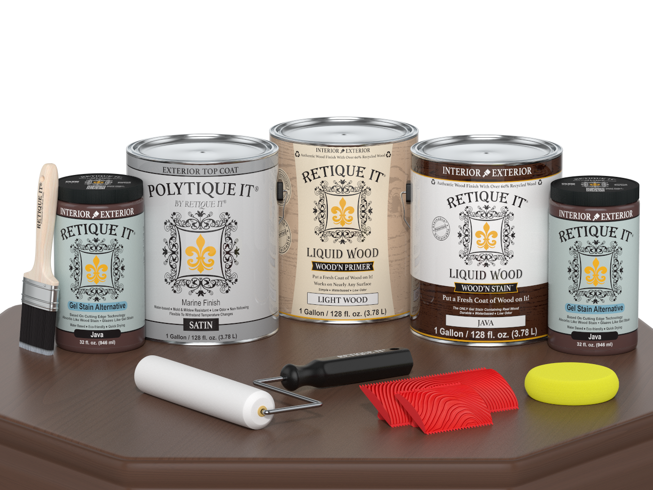 Retique It® Wood'n Kit Java exterior top coat, satin finish, with four large wood finish bottles on a table.