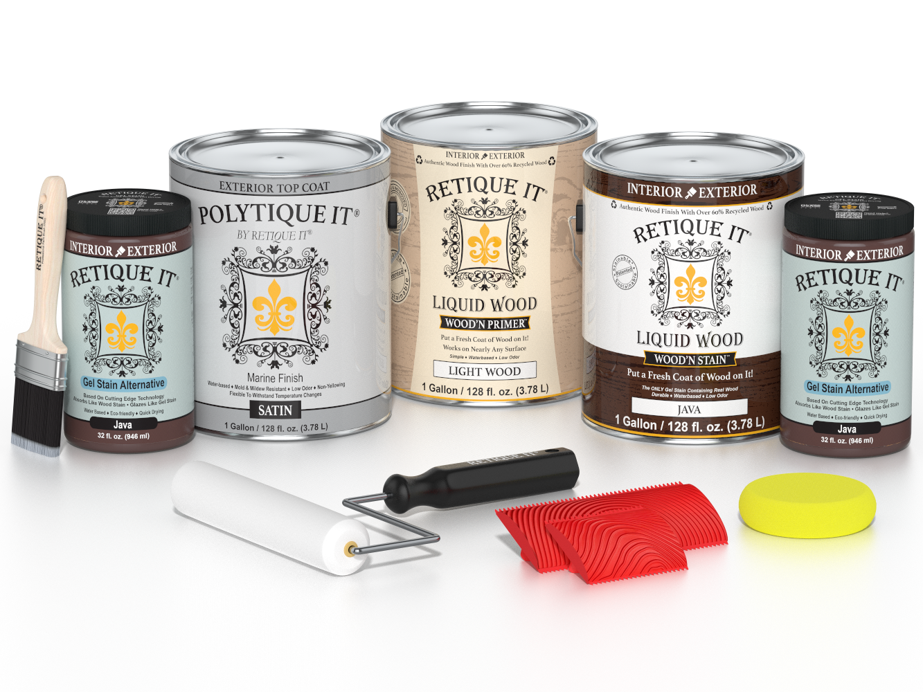 Retique It® Wood'n Finish Kit Java exterior top coat with four large satin wood treatment bottles on a white background.