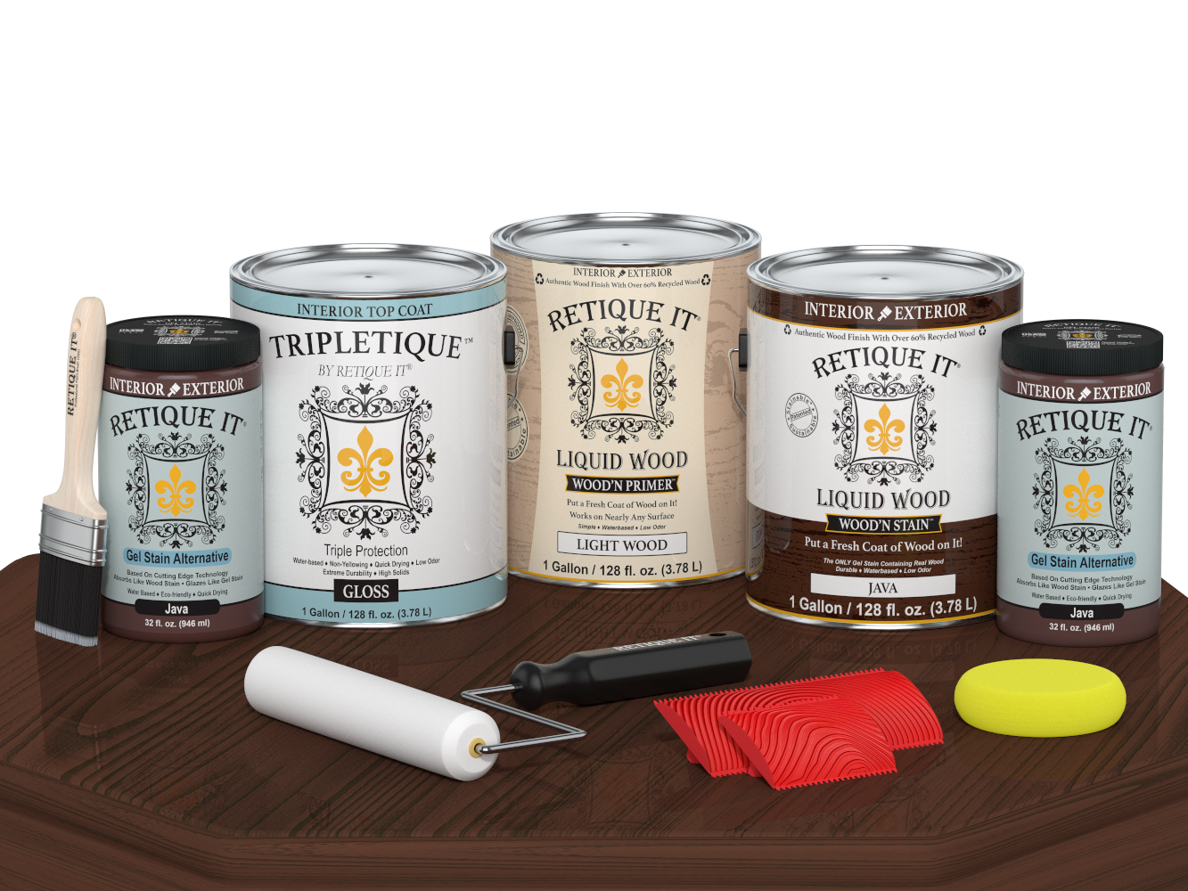 Retique It® Wood'n Cabinet Kit Java stain with 48 grained cabinet doors, glossy finish, displayed on a table.