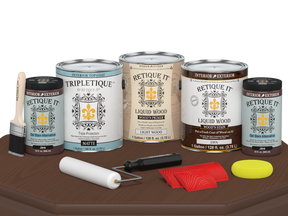 Retique It® Wood'n Finish Kit Java in matte, includes four large containers for interior wood top coating on a table.